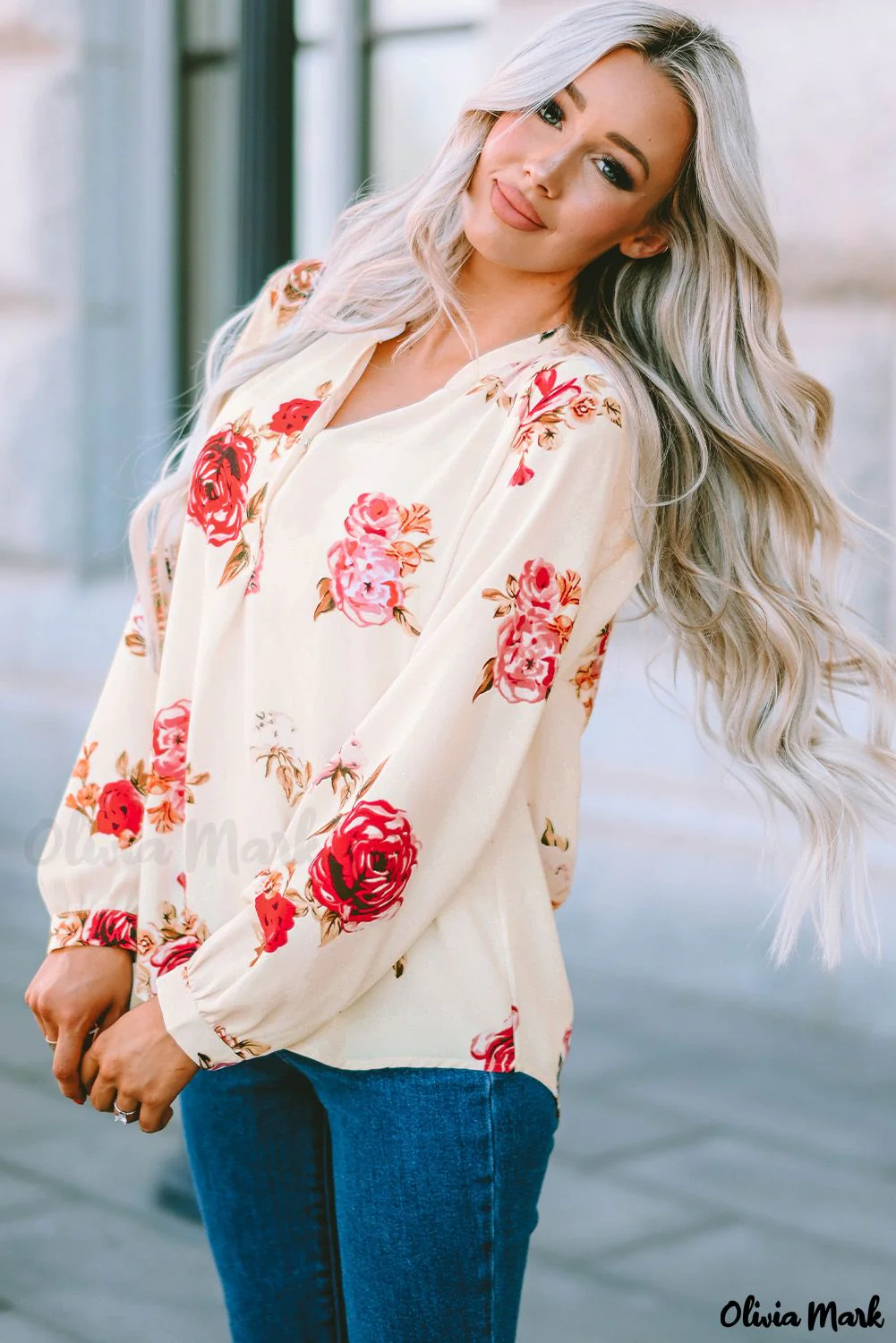 Deanwangkt - Beige Floral Print V-Neck Button Down Blouse - Deanwangkt
