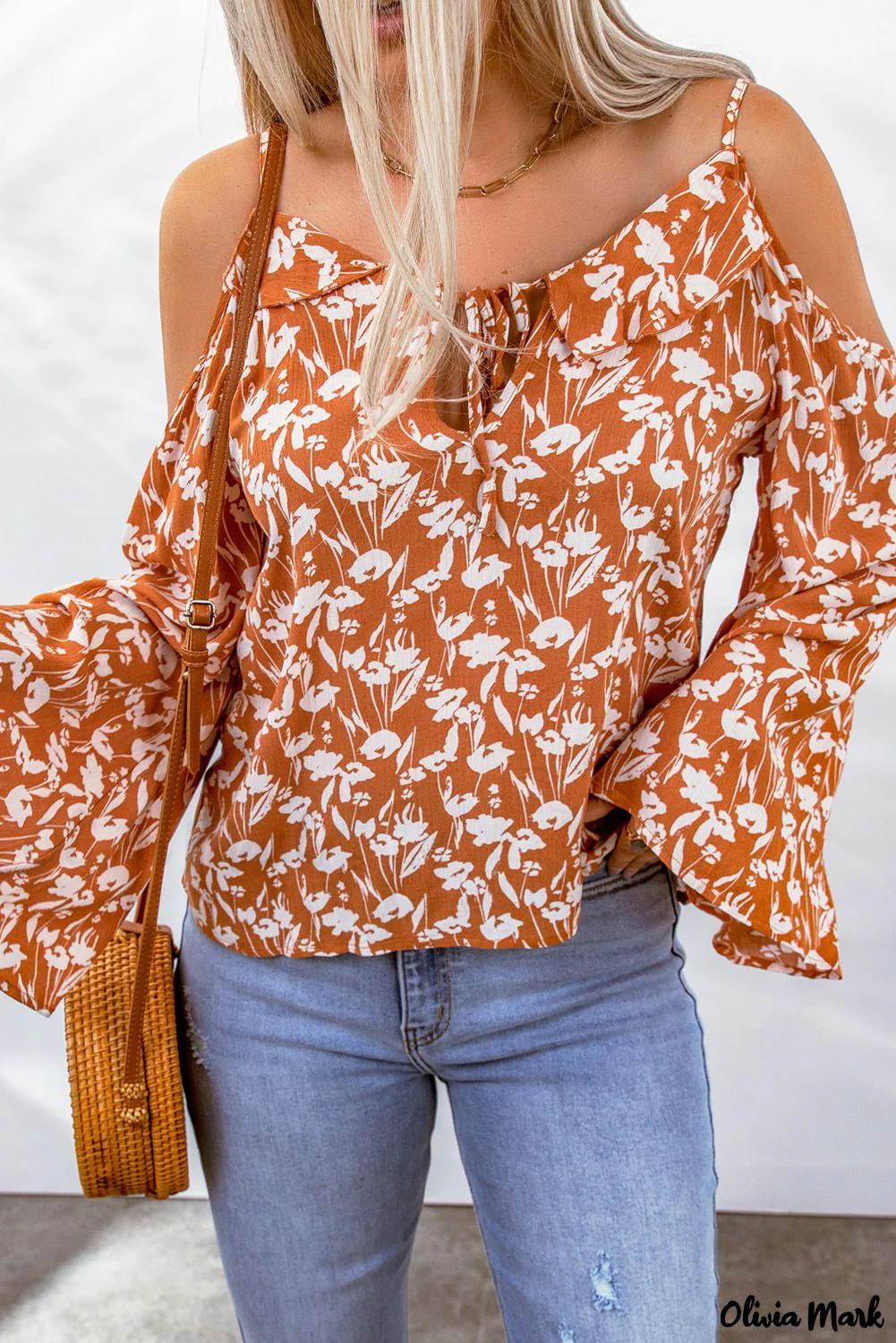 Deanwangkt - Orange Floral Tie Neck Off Shoulder Flare Sleeve Blouse - Deanwangkt