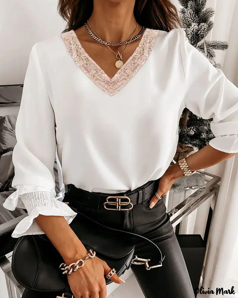 Deanwangkt - Long sleeve V-back top with bow tie and contrasting sequins - Deanwangkt