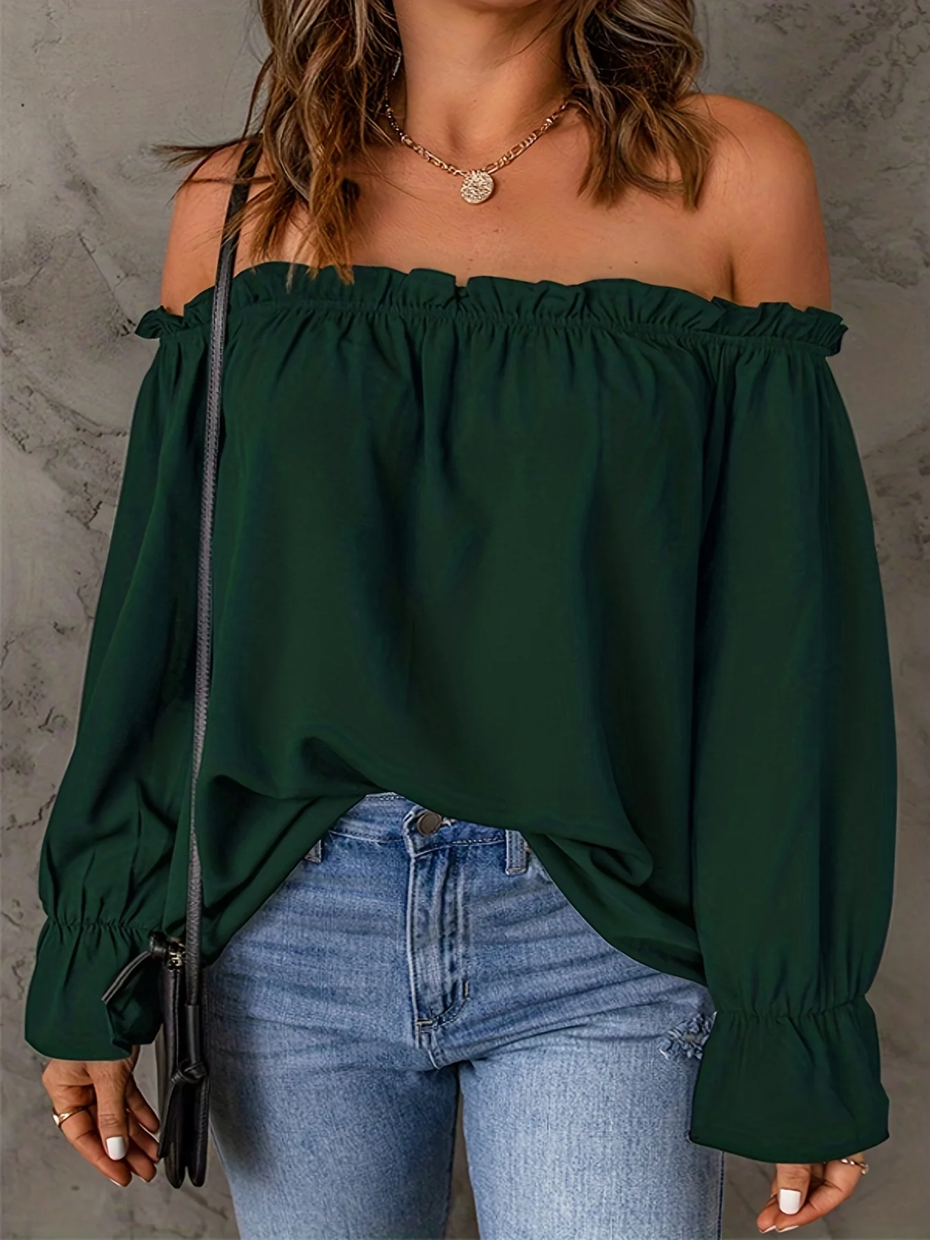 Off Shoulder Ruffle Trim Blouse, Casual Solid Long Sleeve Blouse For Spring & Fall, Women's Clothing - Deanwangkt