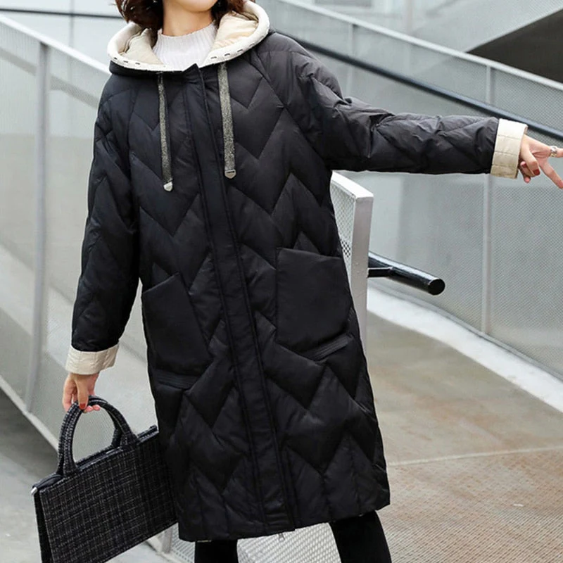 Black Friday Sales Autumn Winter Women Ultra Light Knitted Hooded White Duck Down Long Parka Casual Female Loose Warm Down Coat Outwear - Deanwangkt