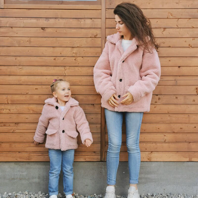 Christmas Gift Deanwangkt Fashion Mother & Daughter Teddy Faux Fur Coat Winter Warm Pocket Women Girls Overcoats Sisters Street Sweet Jacket Coats - Deanwangkt