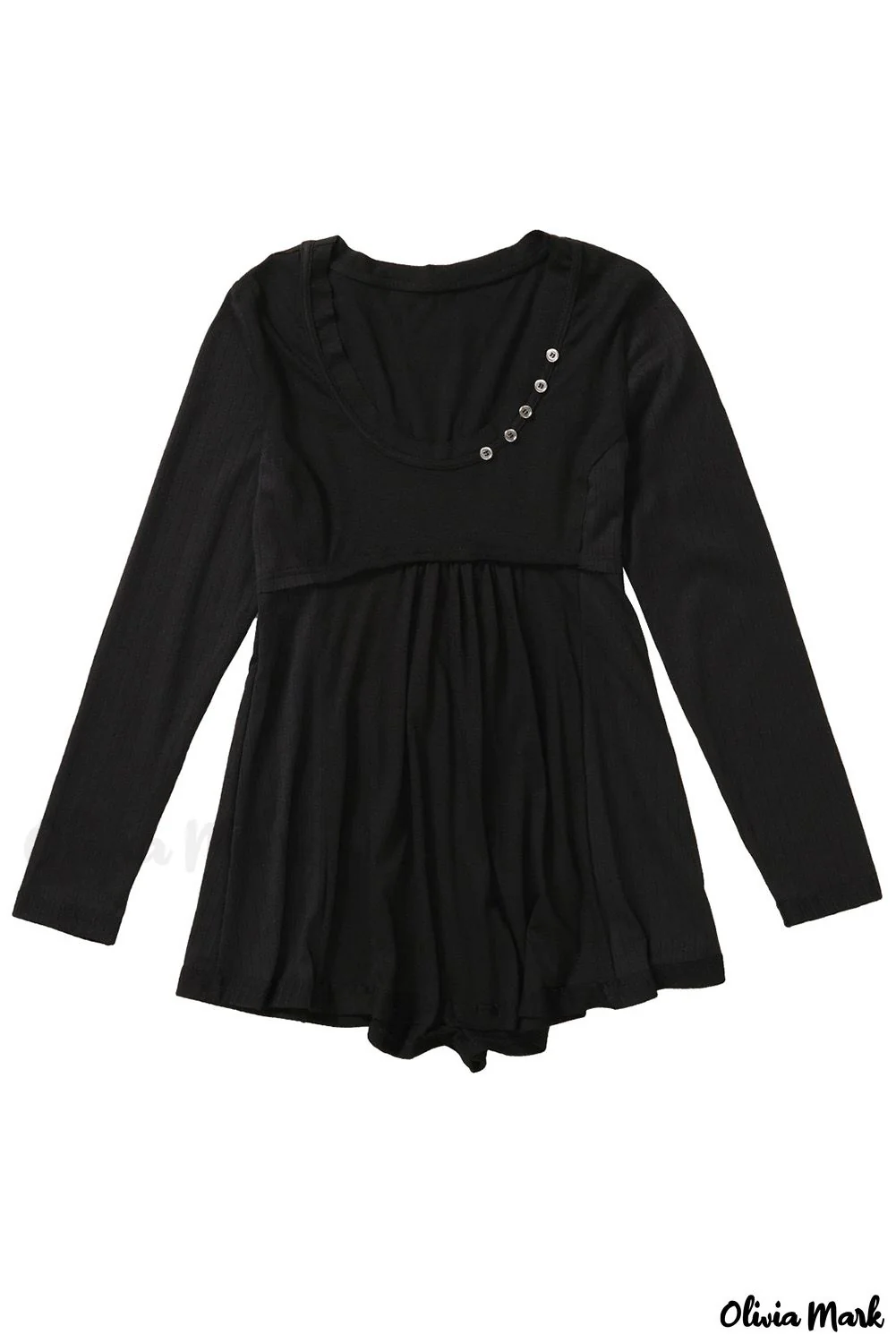 Deanwangkt - Black Babydoll Blouse with Long Sleeves and Solid Color Buttons - Deanwangkt