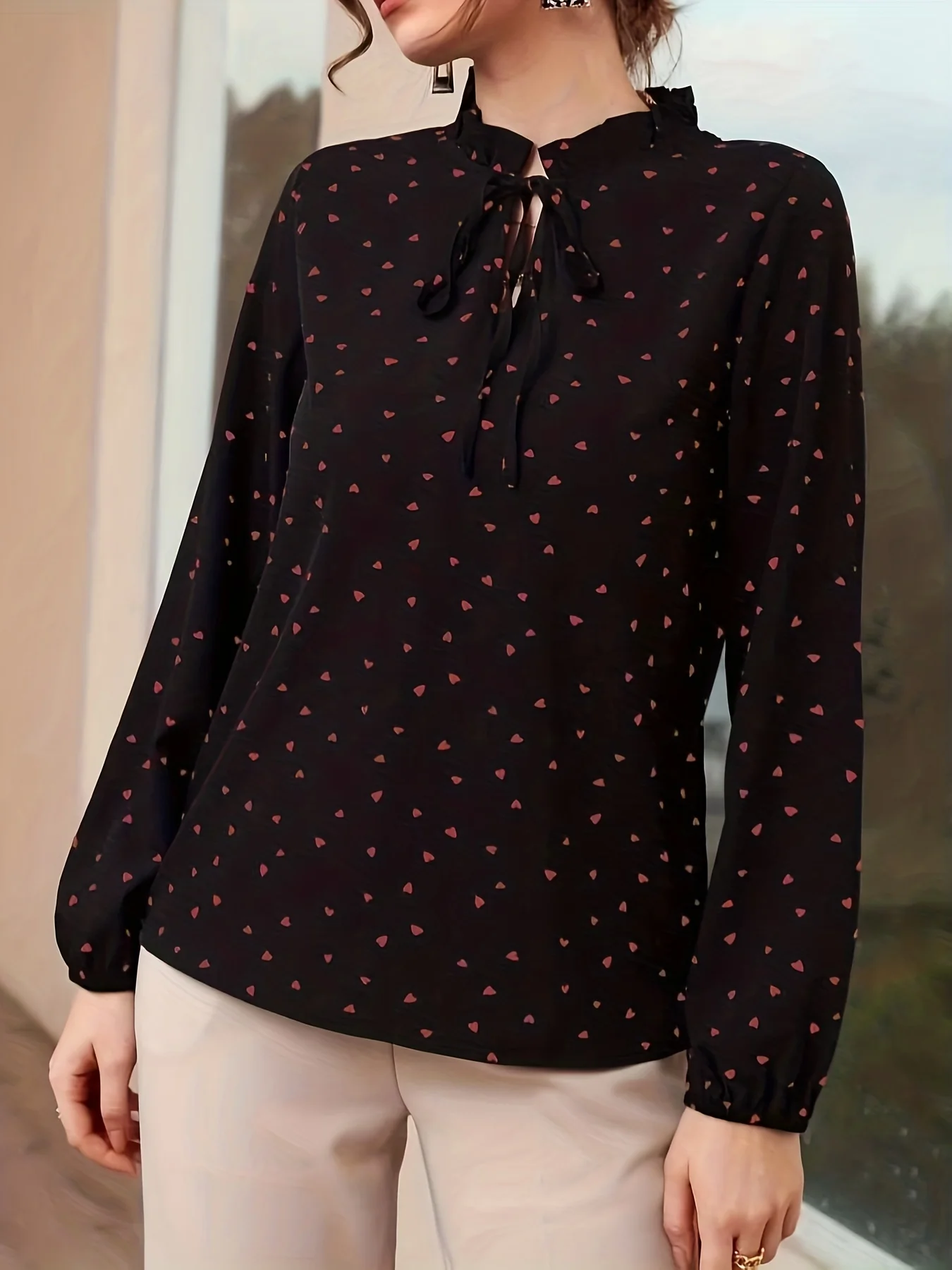 Confetti Heart Print Blouse, Elegant Tie Front Long Sleeve Blouse, Women's Clothing - Deanwangkt