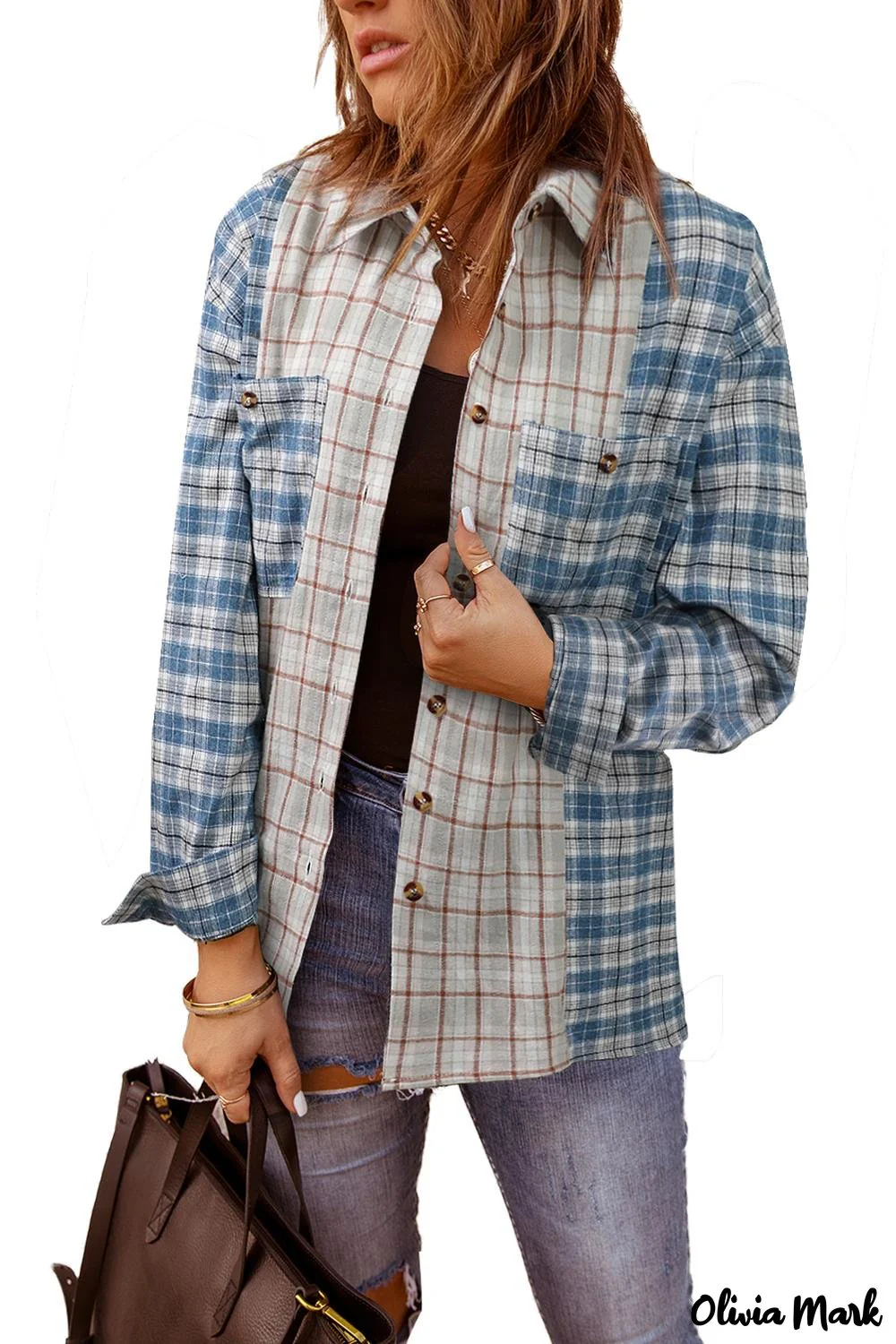 Deanwangkt - Pink Plaid Button Down Long Sleeve Shirt With Color Block Pocket - Deanwangkt