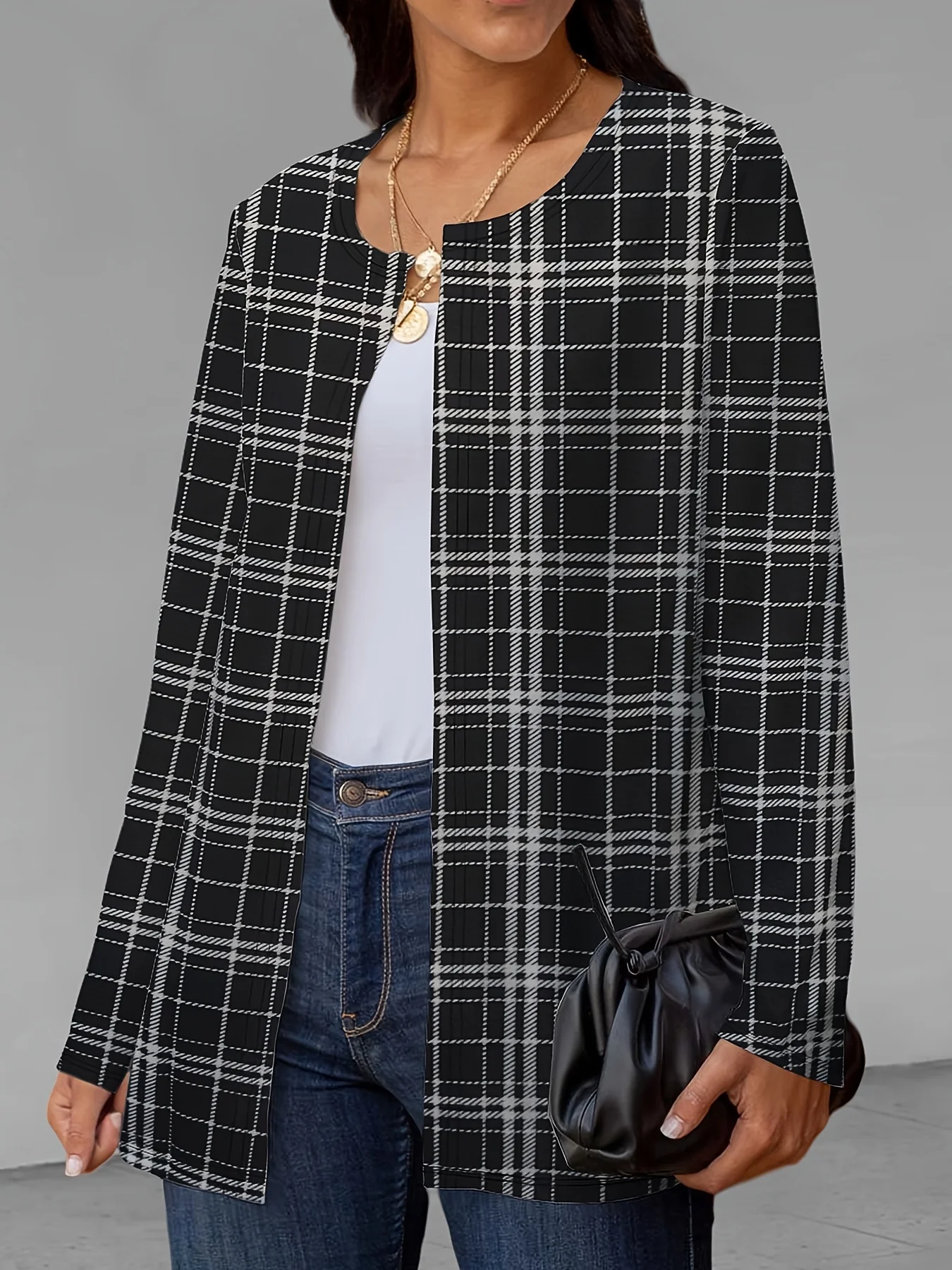deanwangkt-1 Plaid Print Crew Neck Jacket, Casual Long Sleeve Outerwear For Fall, Women's Clothing - Deanwangkt