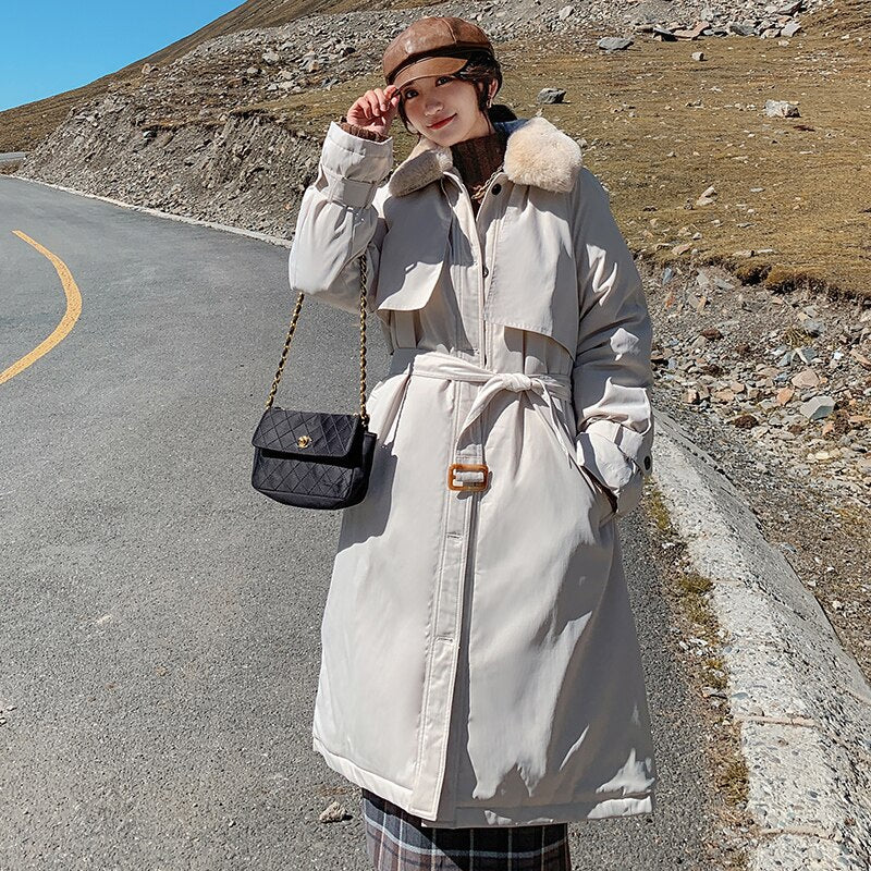 Christmas Gift Deanwangkt winter new cotton clothes women's middle and long knee over Korean loose cotton jacket tooling Plush windbreaker - Deanwangkt