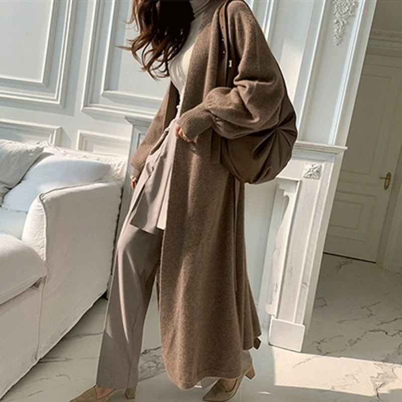 Christmas Gift  New Deanwangkt Women's Autumn Winter Sweaters Elegant Lady Cardigans Oversized Fashionable Lace Up Long Knitwears SWC3517 - Deanwangkt