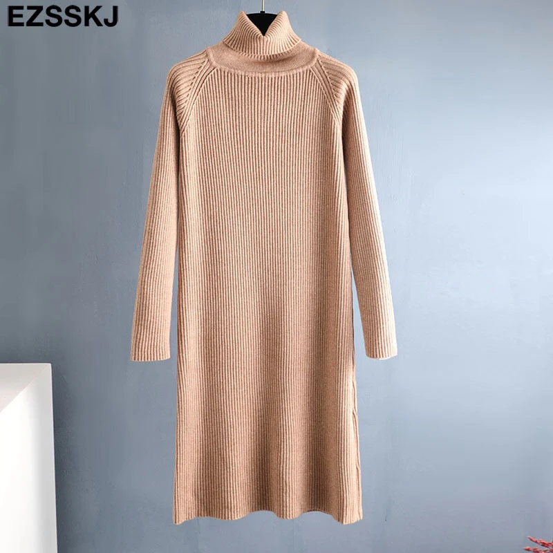 Christmas Gift Deanwangkt Autumn Winter long thick Sweater Dress Women turtleneck long Sleeve straight maix Dress female girl warm long dress - Deanwangkt
