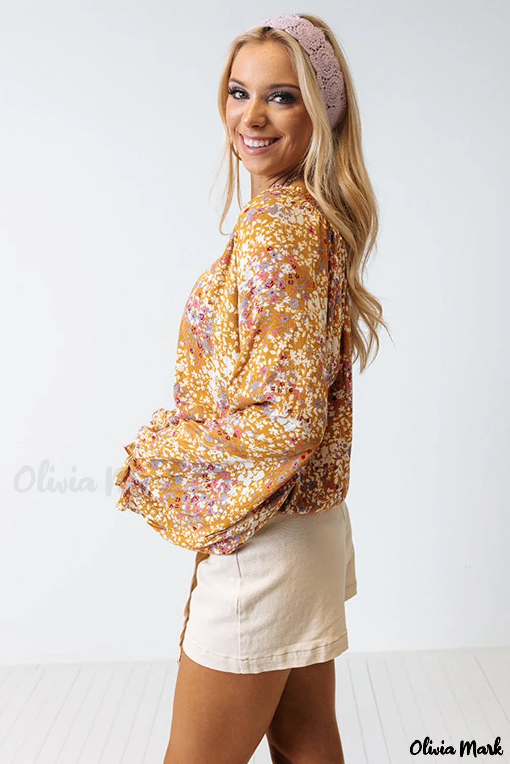Deanwangkt - Yellow Floral Split V-Neck Blouse - Deanwangkt
