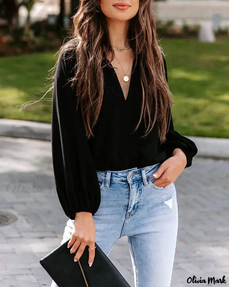 Deanwangkt - Frill Hem V-Neck Long Sleeve Top - Deanwangkt