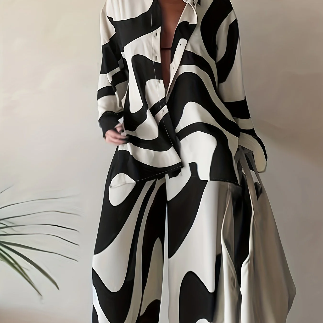 deanwangkt-1  Abstract Print Matching Two-piece Set, Casual Shirt & Wide Leg Pants Outfits, Women's Clothing - Deanwangkt