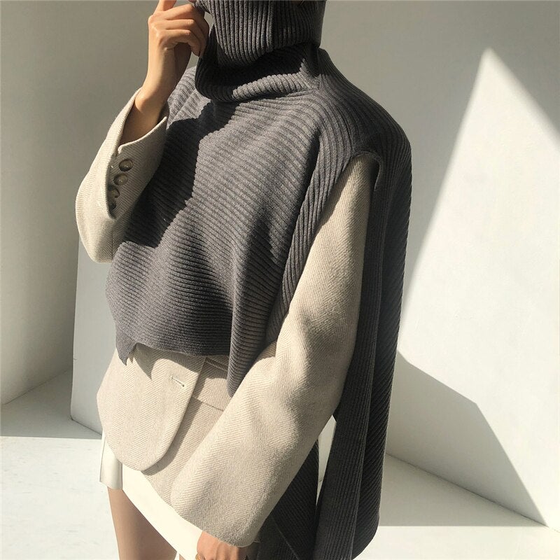 Christmas Gift Deanwangkt New Autumn Winter Women Sweater Sleeveless Vest Waistcoat Turtleneck Irregular Cloak Knitted Short Tops SWV3638 - Deanwangkt
