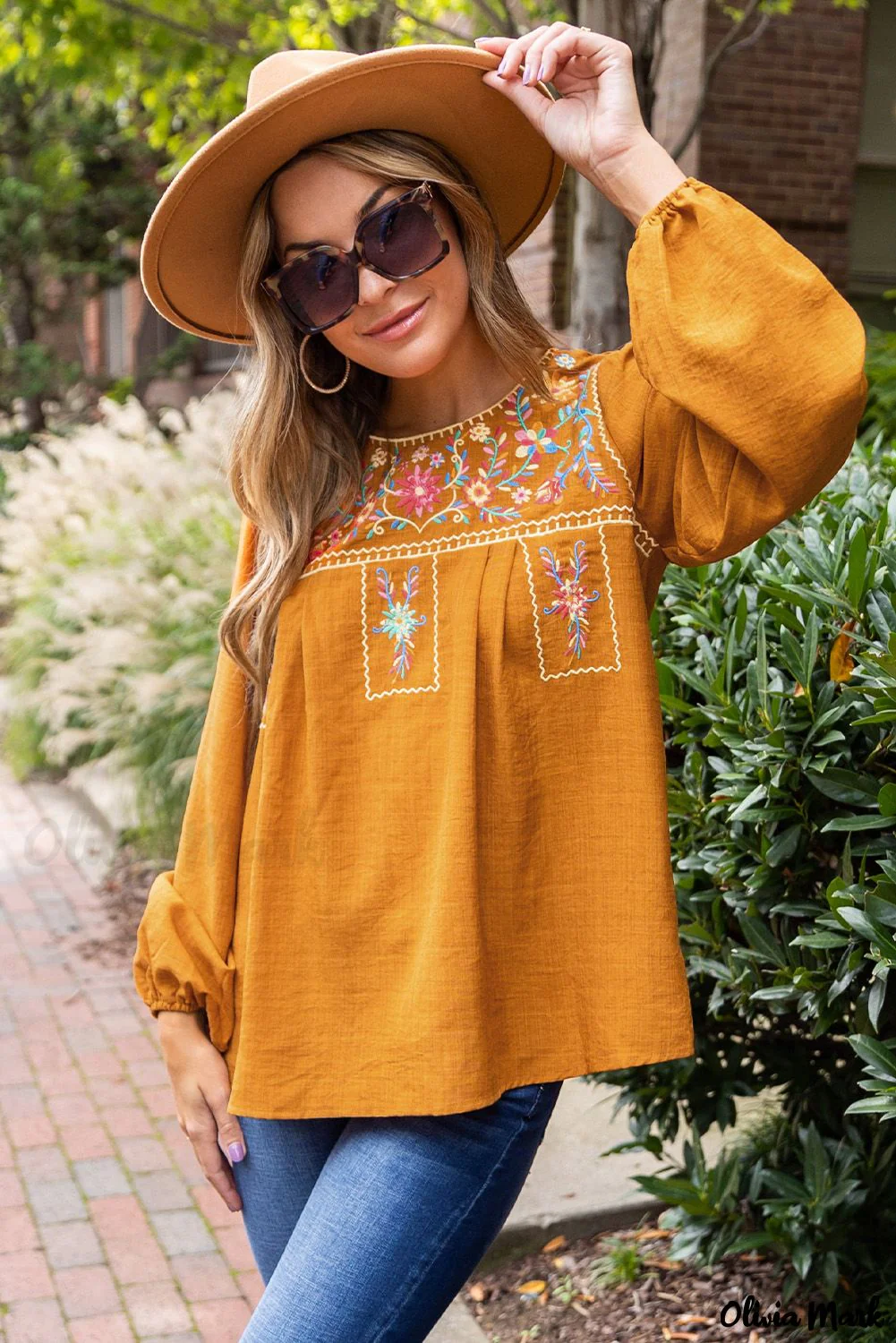 Deanwangkt - Orange blouse with embroidered flowers and puff sleeves - Deanwangkt