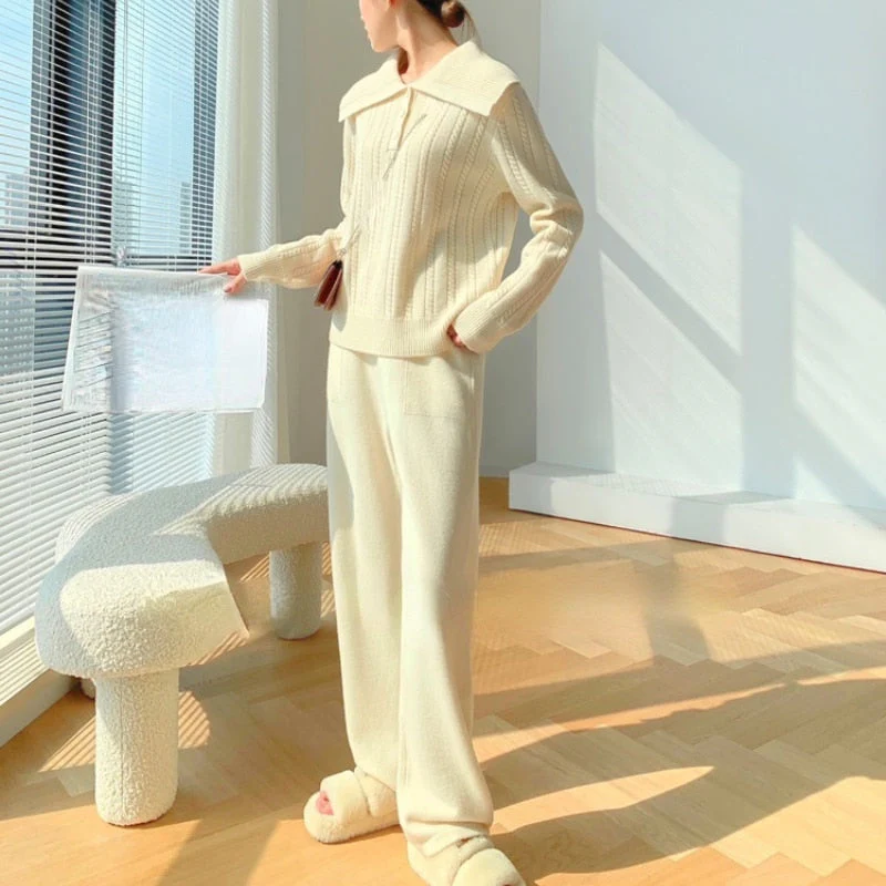 Christmas Gift Deanwangkt Winter Knit Set Women Casual Pure Color Korean Style 2 Piece Set Office Lady Outwear Sport Sweater Suits Female Tracksuits - Deanwangkt