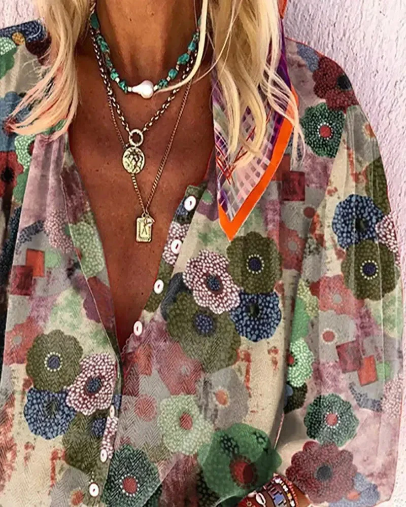 Deanwangkt - Floral Print Button Down Lantern Sleeve Shirt - Deanwangkt