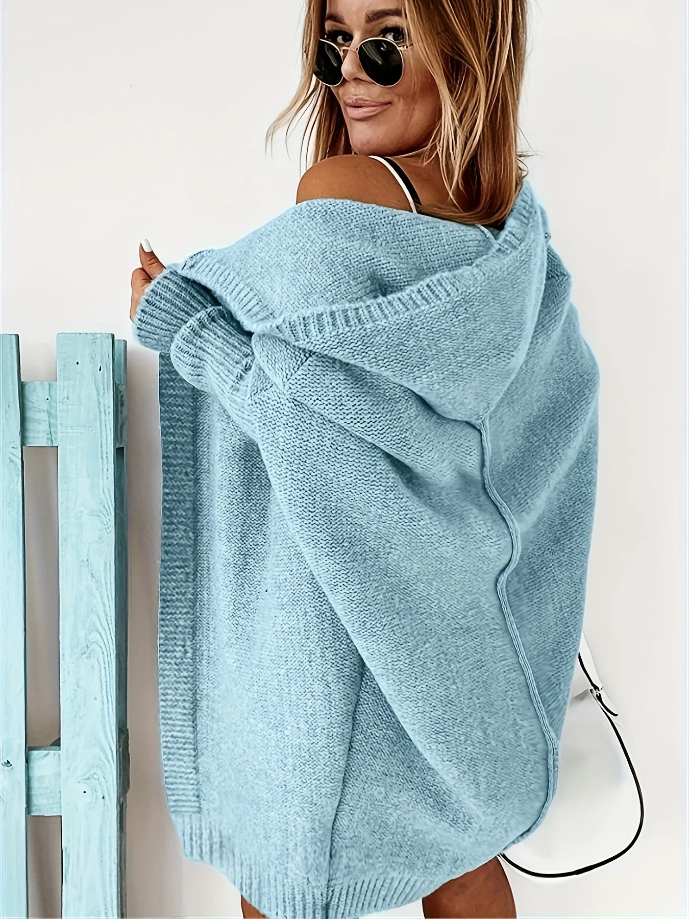 deanwangkt-1  Solid Open Front Hooded Cardigan, Casual Batwing Sleeve Mid Length Sweater For Fall & Winter, Women's Clothing - Deanwangkt