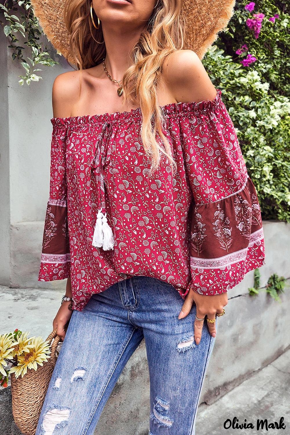 Deanwangkt - Red Boho Off Shoulder Floral Print Blouse - Deanwangkt