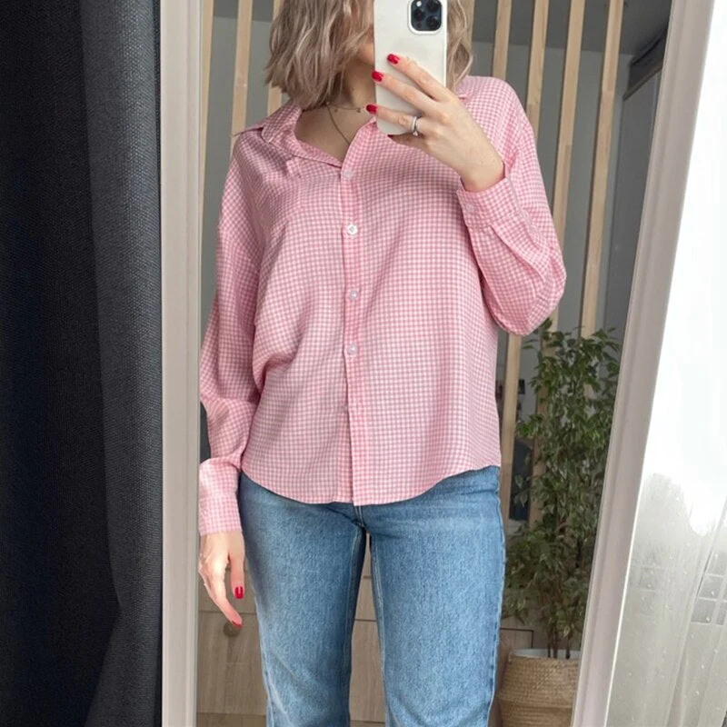 Christmas Gift  New Deanwangkt Women Spring Summer Blouse Shirts Plaid Fashionable Checkered Oversize Buttons Wild Sweet Pink Tops BL1023 - Deanwangkt