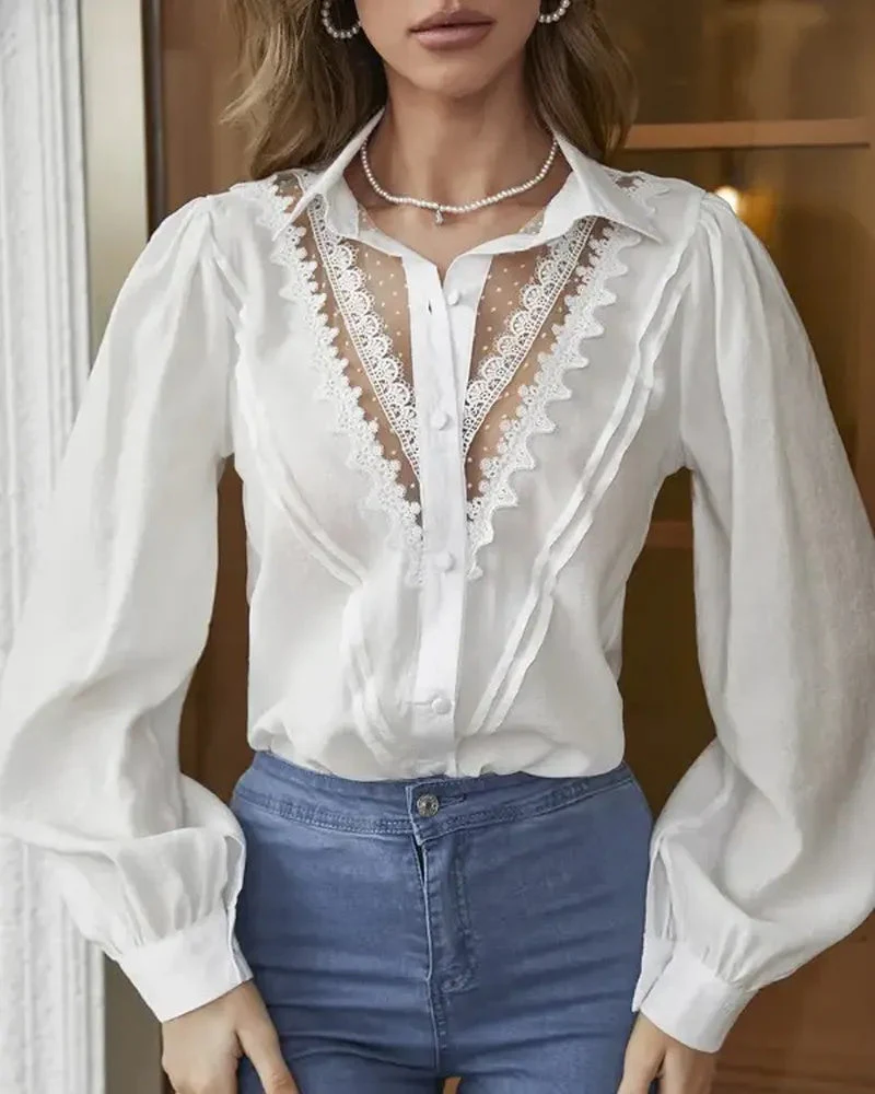 Deanwangkt - Lace Long Sleeve Button Down Shirt - Deanwangkt