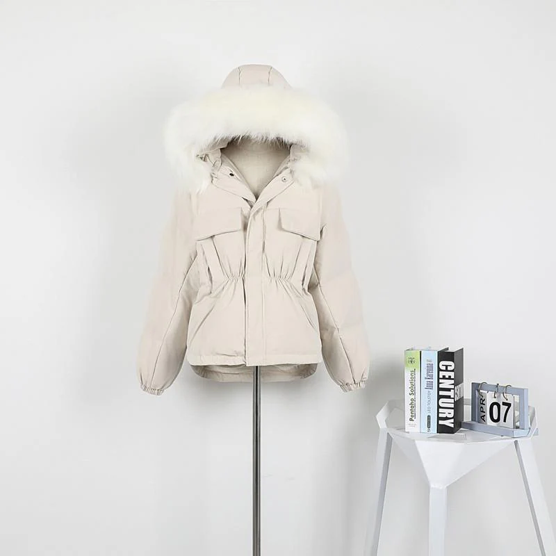Black Friday Sales New Winter Warm 90% White Duck Down Parka Women Large Natural Fur Collar Hooded Short Jacket Coat Loose Outwear - Deanwangkt