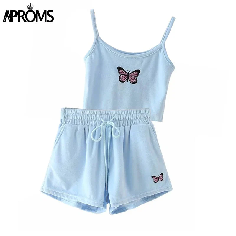 Christmas Gift Aproms Yellow Velvet Crop Top and Shorts Women 2 Pieces Set Summer Embroidery Cami Drawstring Shorts Female Loungewear Suit Deanwangkt - Deanwangkt