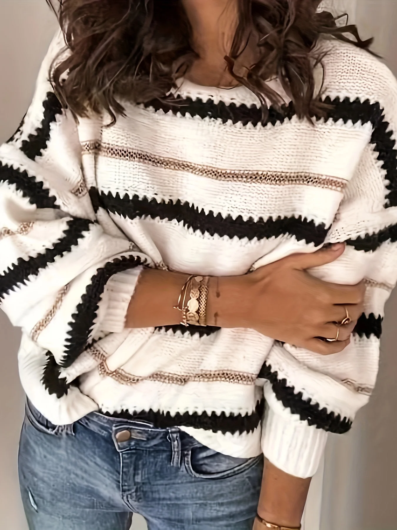 deanwangkt-1  Striped Pattern Crew Neck Knitted Top, Casual Long Sleeve Pullover Sweater For Fall & Winter, Women's Clothing - Deanwangkt