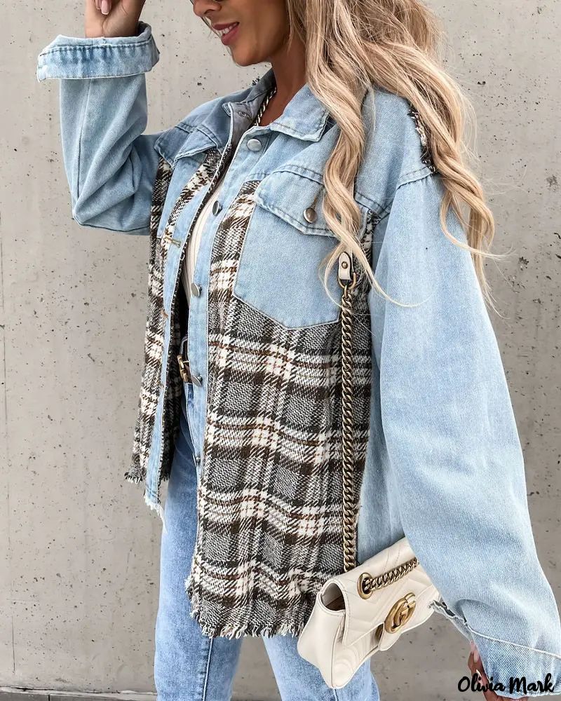 Deanwangkt - Raw Hem Denim Coat with Plaid Panel and Button Front - Deanwangkt