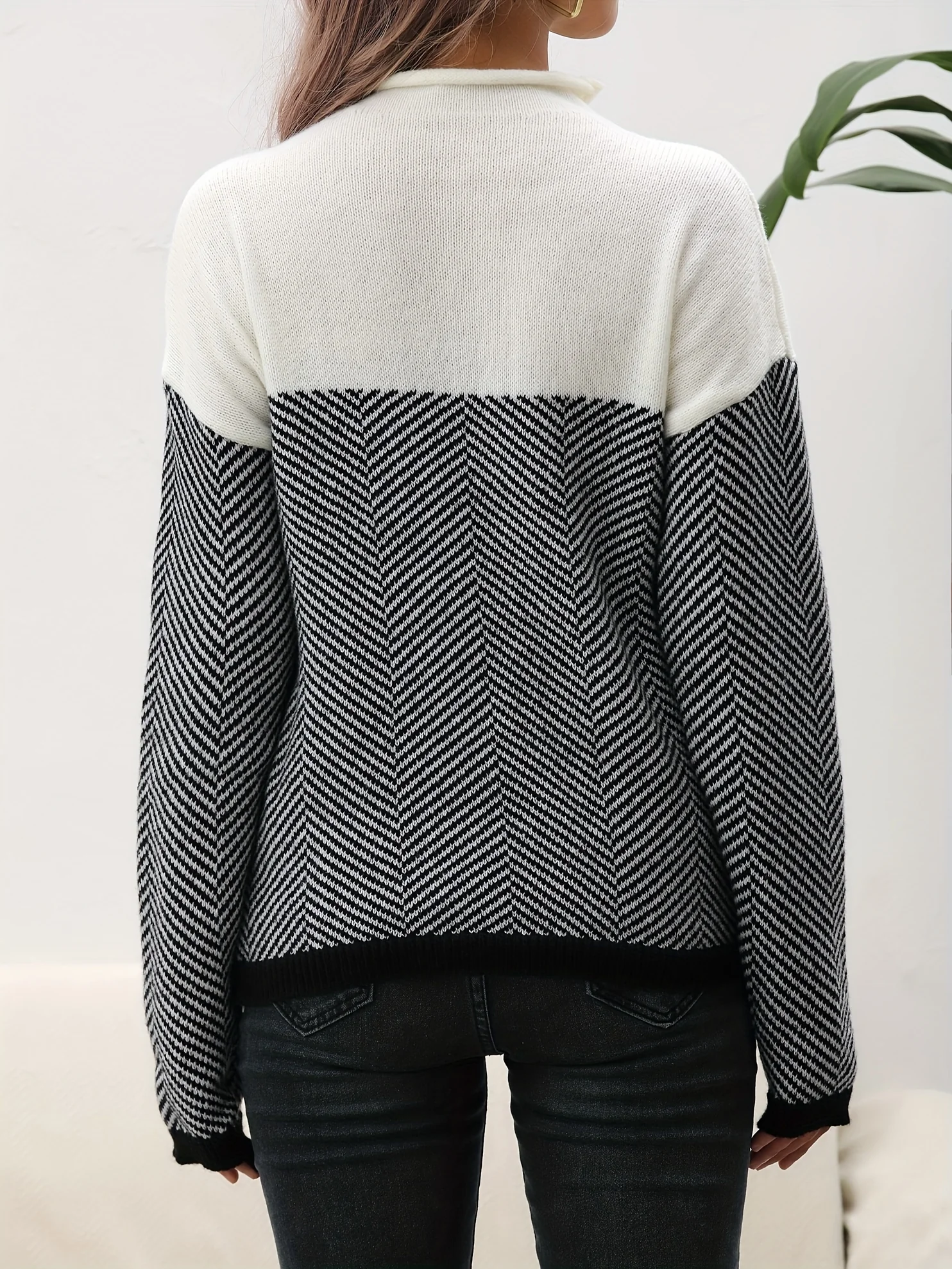 deanwangkt-1  Long Sleeve Elegant Loose Sweater, High Neck Casual Sweater For Winter & Fall, Women's Clothing - Deanwangkt