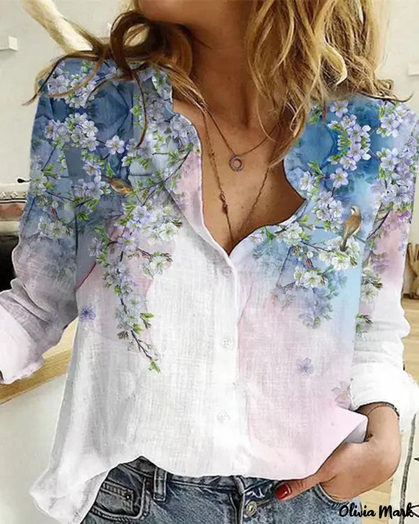 Deanwangkt - Floral Bird Print Long Sleeve Button Down Shirt - Deanwangkt