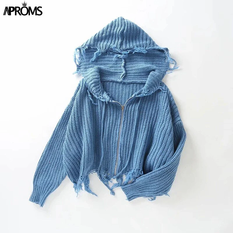 Christmas Gift Aproms Casual Tassel Hooded Knitted Sweater Women Zipper Loose Cropped Cardigans Deanwangkt Winter Coat Cool Gilrs Streetwear Jumper - Deanwangkt