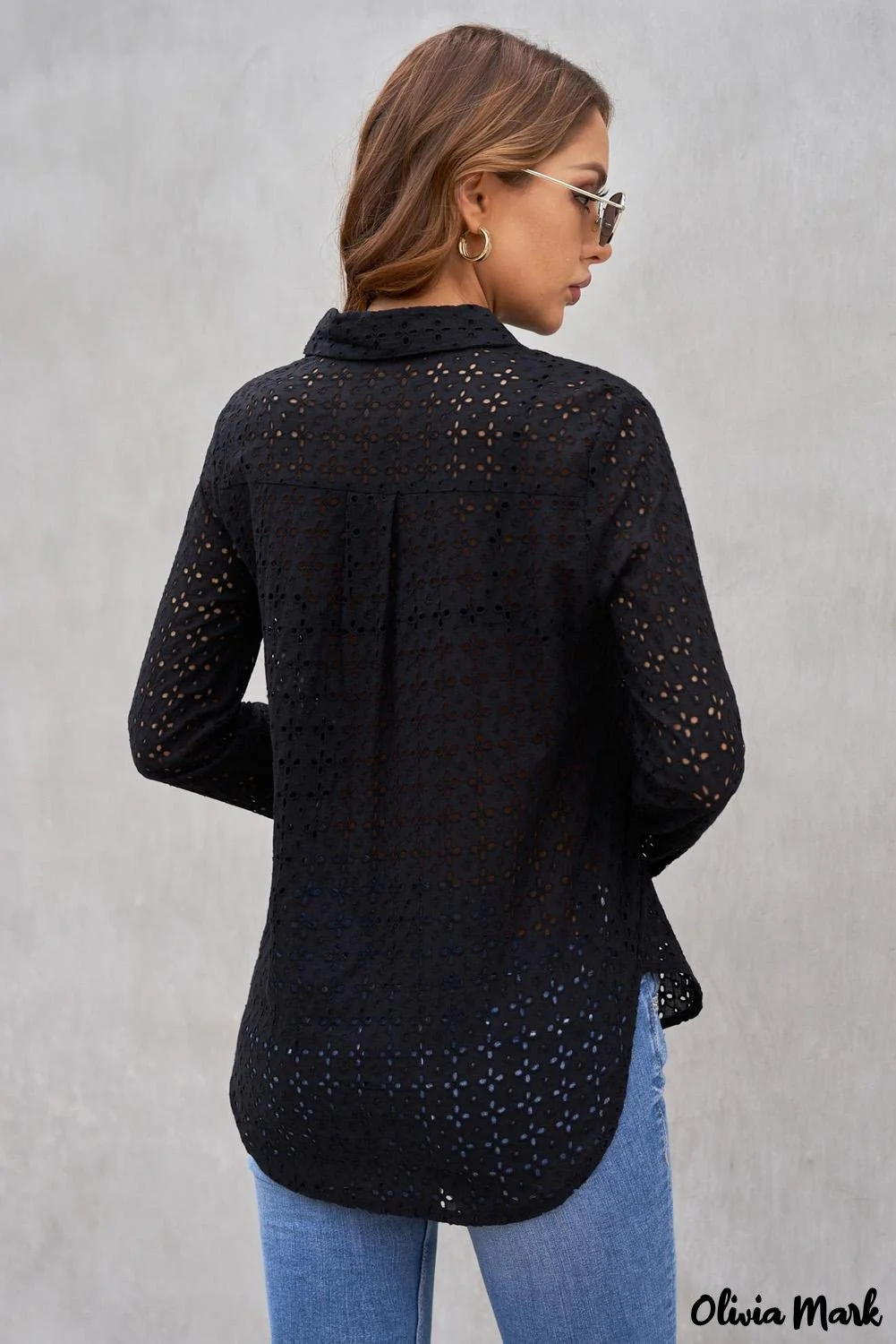 Deanwangkt - Black Hollow Out Floral Eyelet Long Sleeve Shirt - Deanwangkt