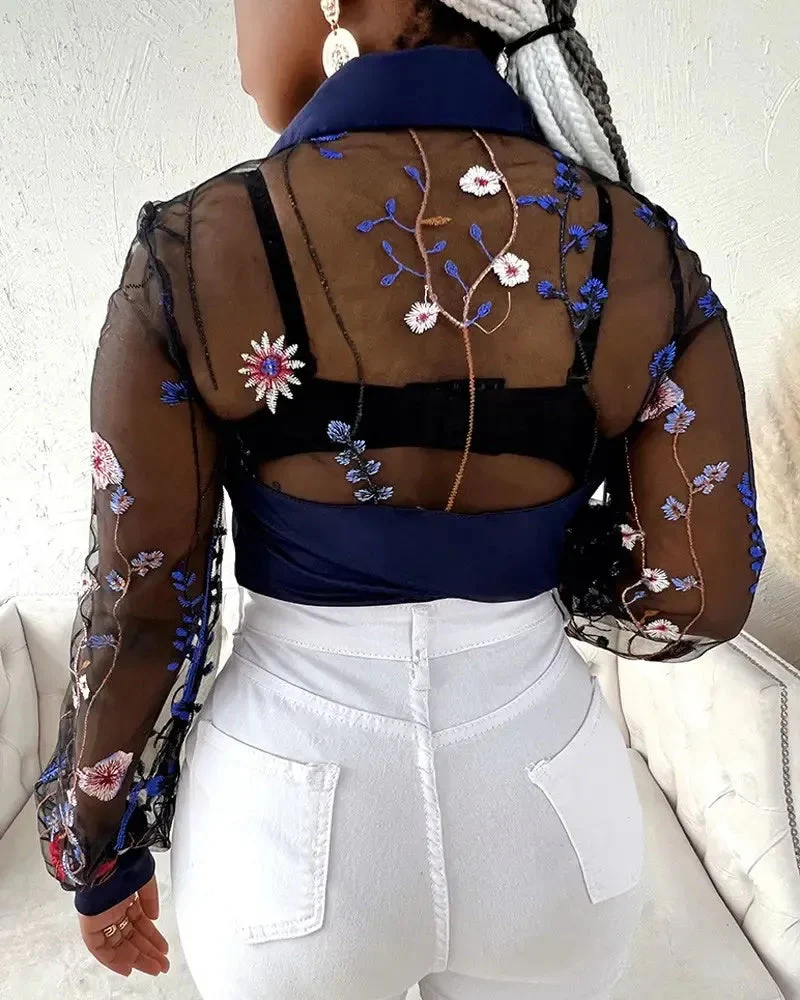Deanwangkt - Sheer tulle long-sleeved top with floral embroidery - Deanwangkt
