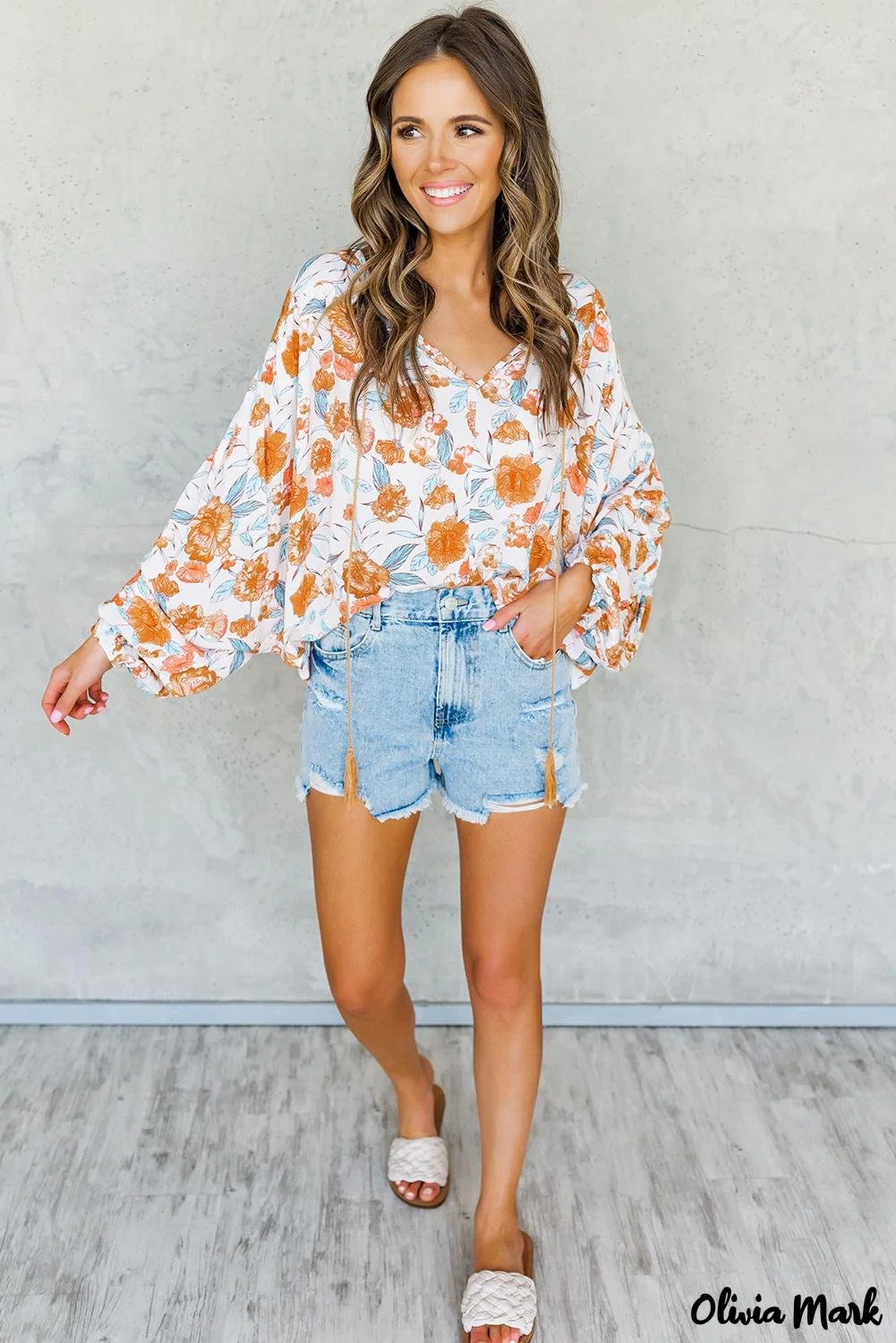Deanwangkt - Orange Floral Print V-Neck Slit Dolman Blouse - Deanwangkt