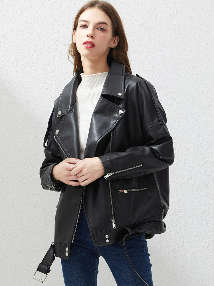 Black Friday Sales Spring Autumn Faux Leather Jacket With Belt Women Casual Loose Biker Outwear Female BF Black Leather Coat - Deanwangkt