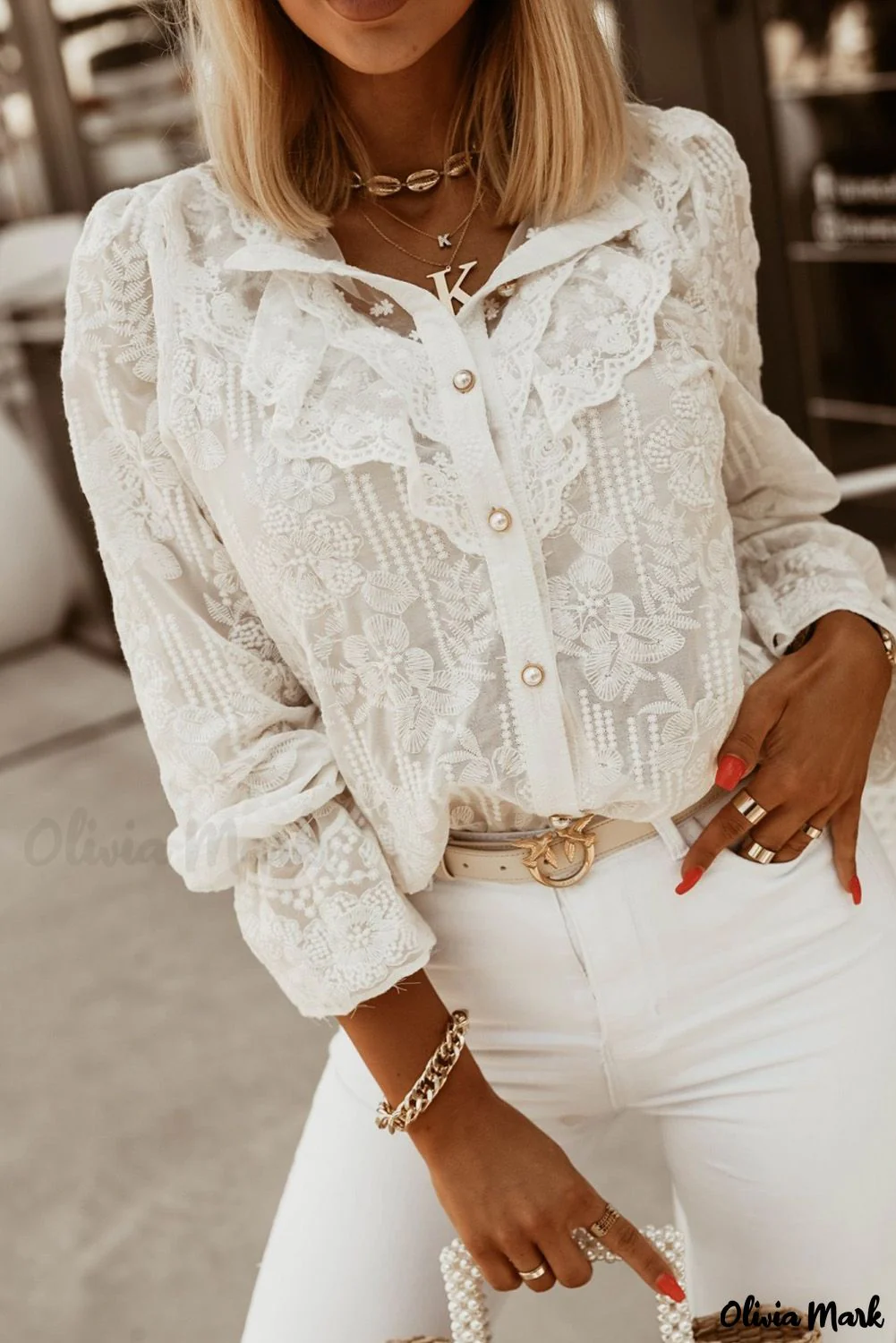 Deanwangkt - White Lace Embroidered Ruffled Button Down Long Sleeve Shirt - Deanwangkt