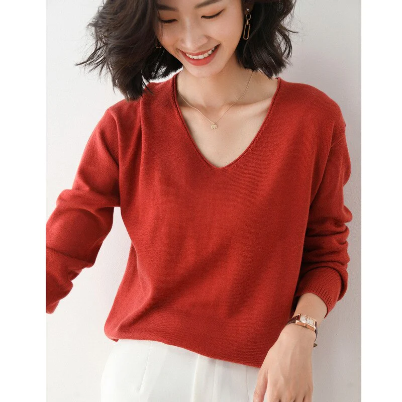 Christmas Gift Deanwangkt Autumn Winter Thin Sweater Women Knitted Sweater Fashion Crew-V-neck  Ladies Winter Sweater Korean College Style - Deanwangkt