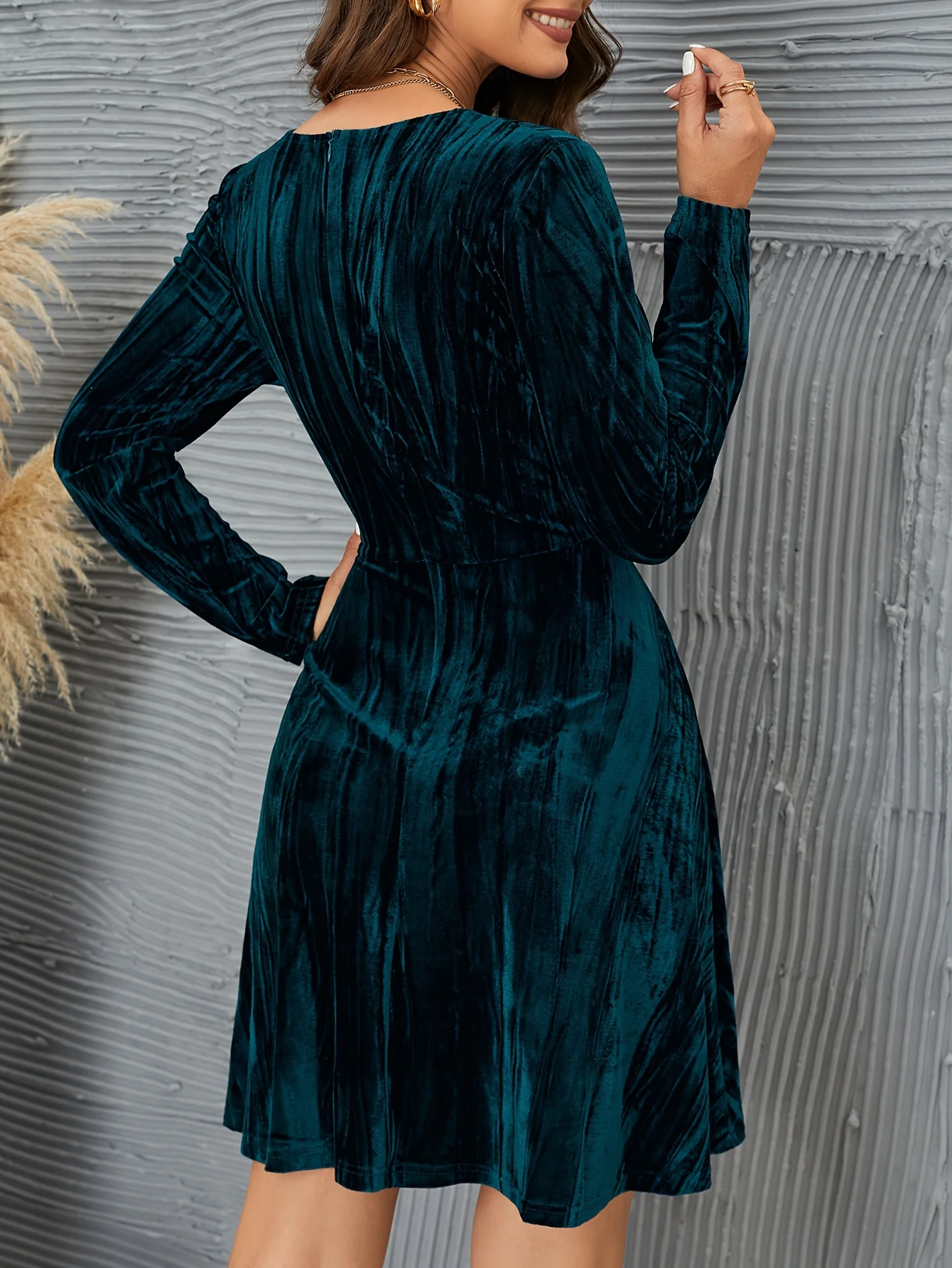 deanwangkt-1  Solid Velvet Long Sleeve Dress, Casual Cinched Waist V Neck Dress For Spring & Fall, Women's Clothing - Deanwangkt