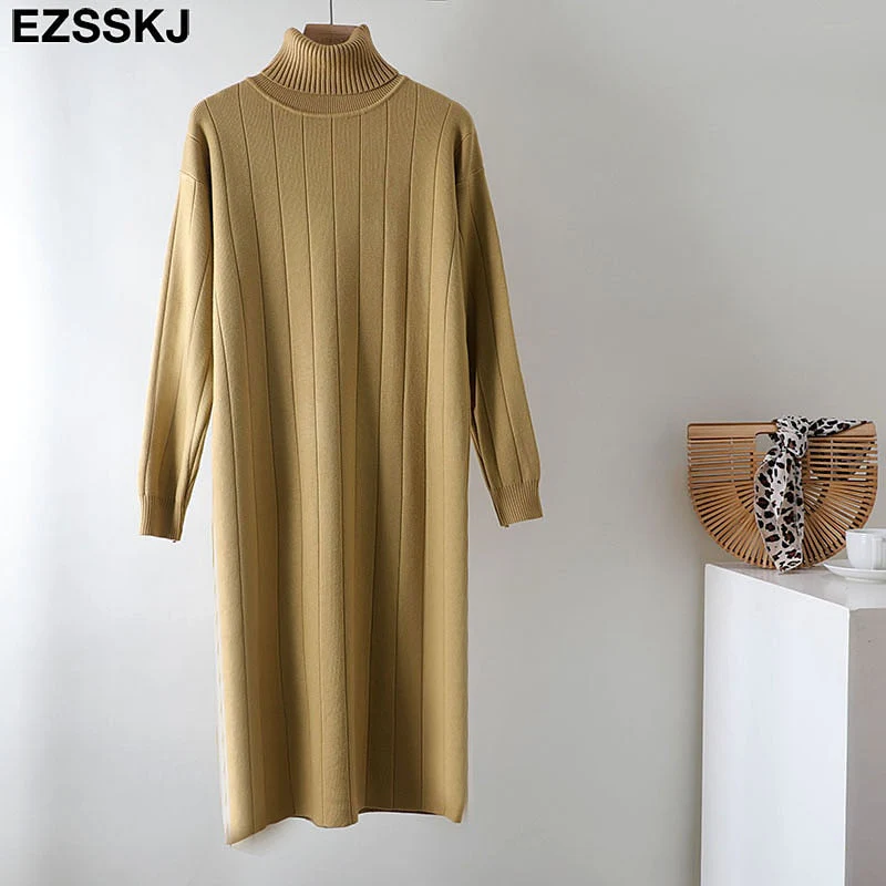 Christmas Gift Deanwangkt Autumn Winter long thick Sweater Dress Women turtleneck long Sleeve straight maix Dress female girl warm long dress - Deanwangkt