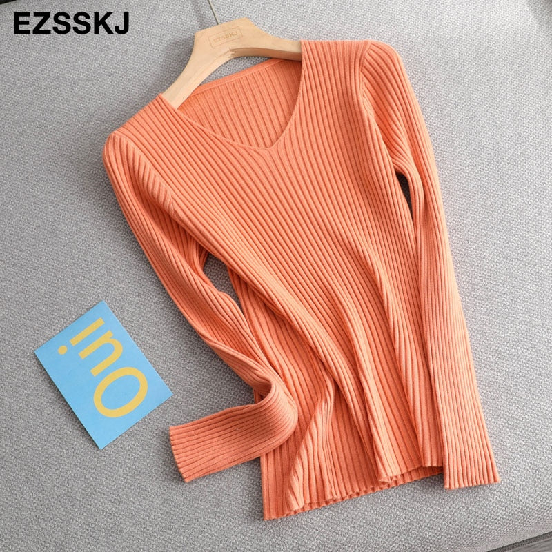 Christmas Gift Deanwangkt basic v-neck solid autumn winter Sweater Pullover Women Female Knitted sweater slim long sleeve badycon sweater cheap - Deanwangkt