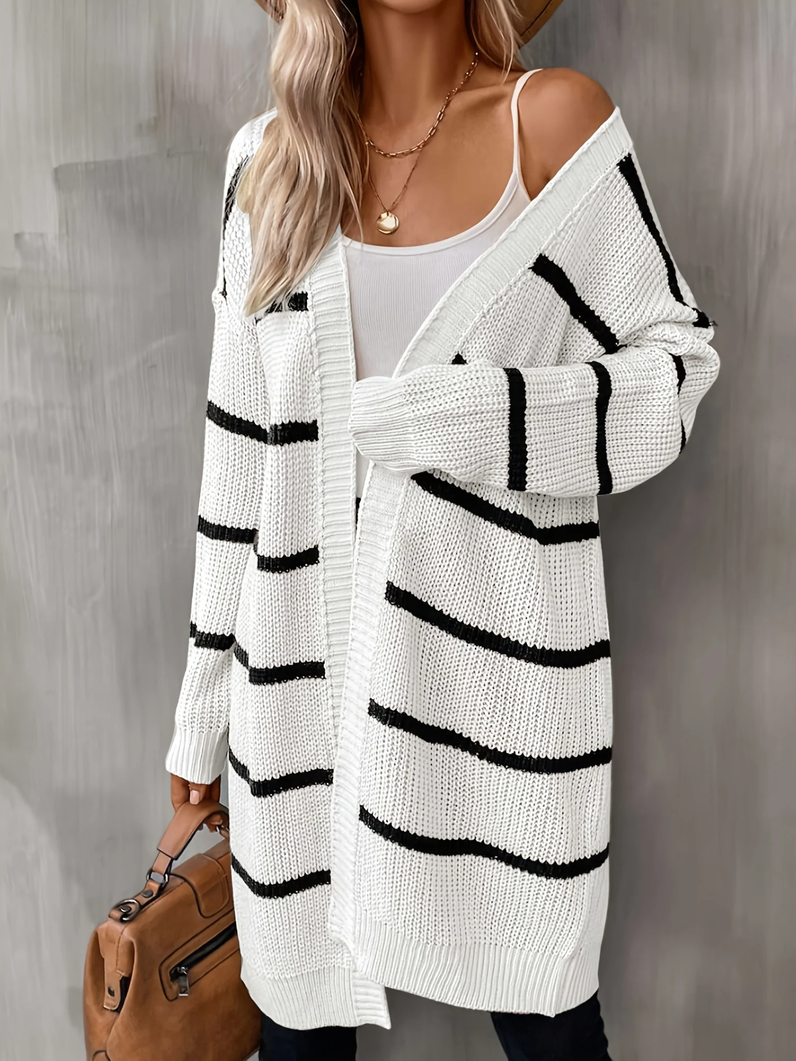 deanwangkt-1 Striped Open Front Drop Shoulder Cardigan, Casual Long Sleeve Cardigan For Fall & Winter, Women's Clothing - Deanwangkt