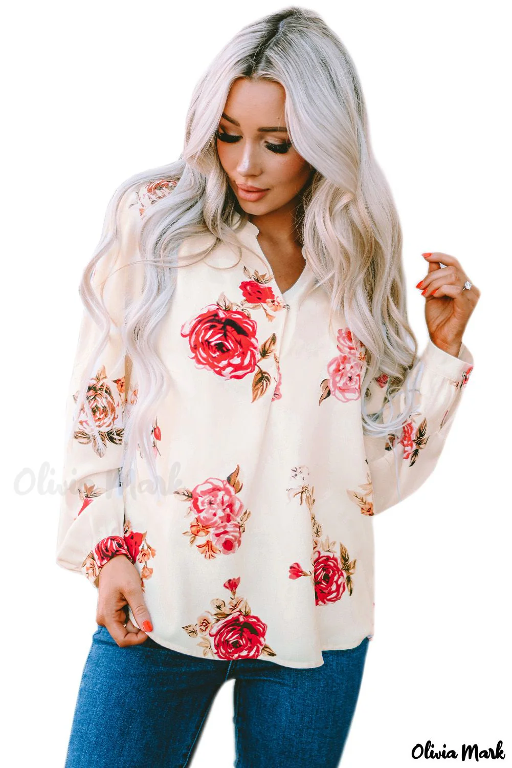 Deanwangkt - Beige Floral Print V-Neck Button Down Blouse - Deanwangkt