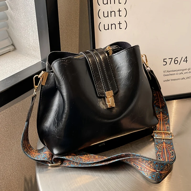 Buckle Decor Bucket Bag, Trendy Wide Strap Crossbody Bag, Women's Faux Leather Purse - Deanwangkt
