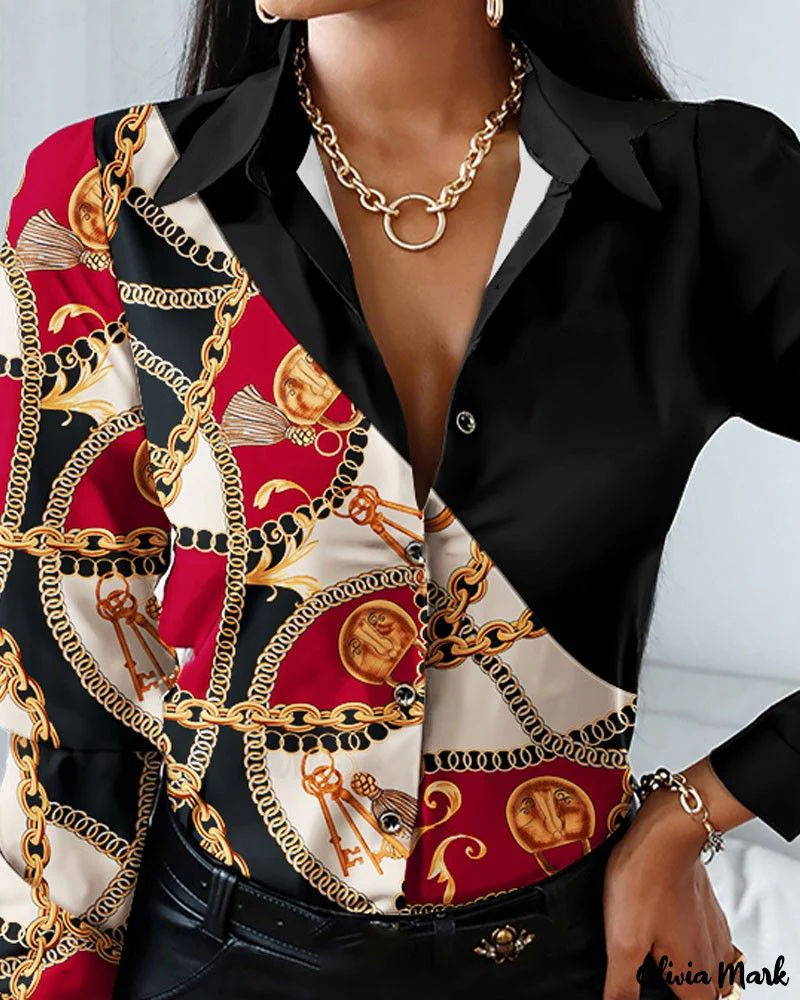 Deanwangkt - Long Sleeve Button Down Shirt with Chain Print Scarf Design - Deanwangkt