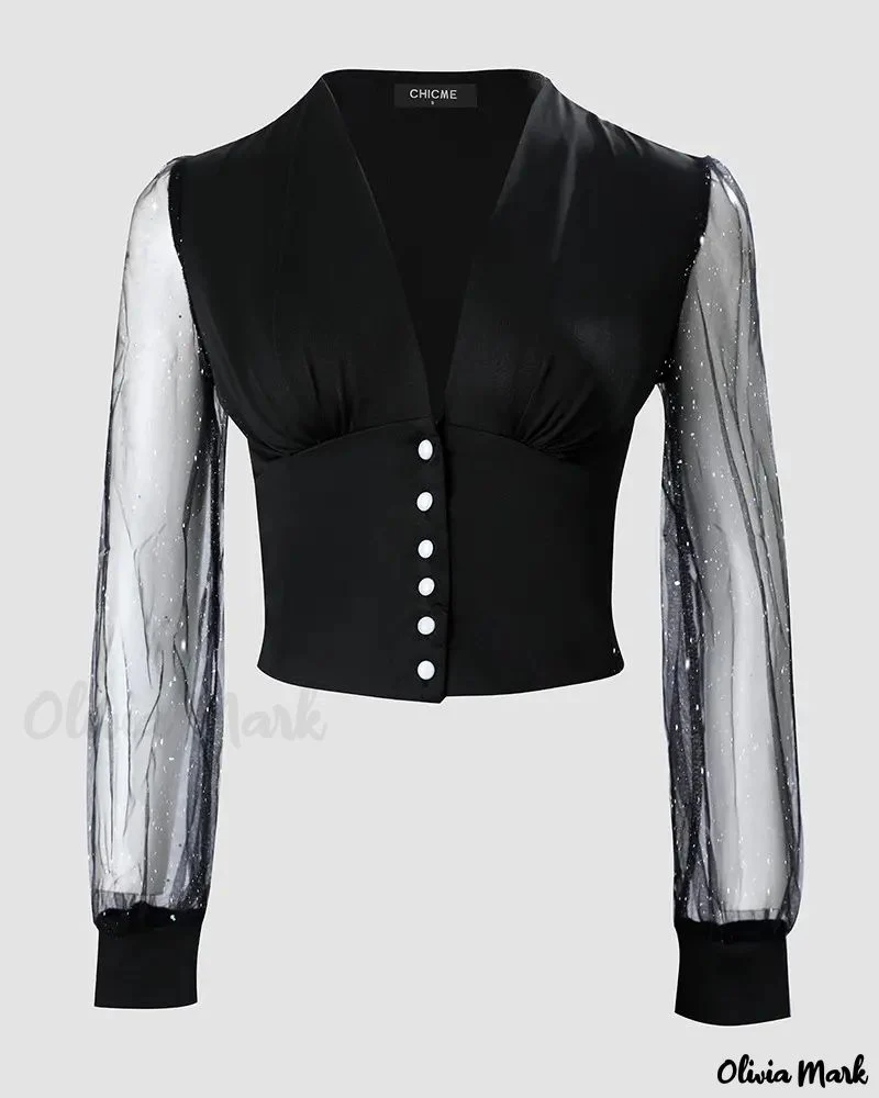 Deanwangkt - Glitter Contrast Mesh Long Sleeve Top - Deanwangkt