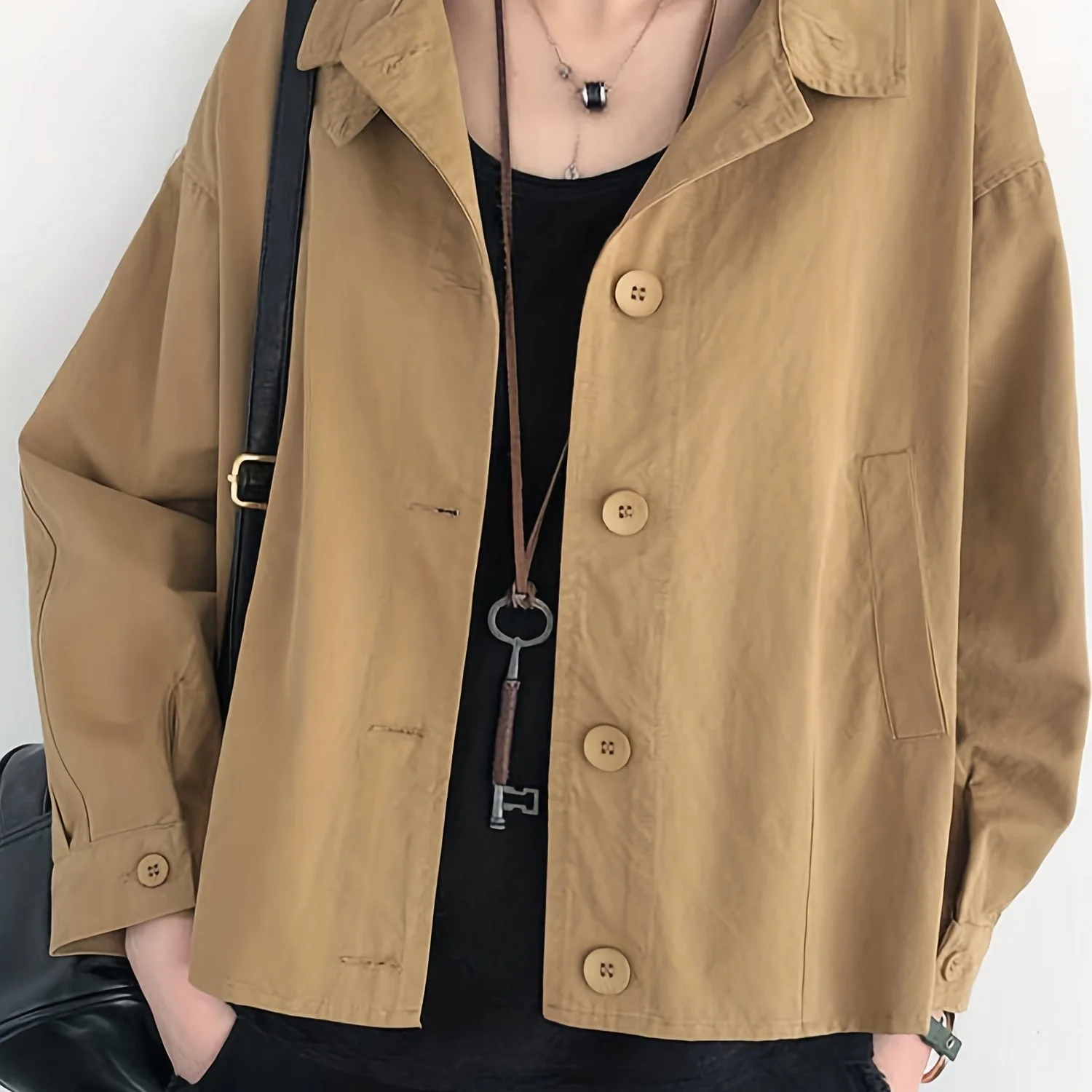 deanwangkt-1  Solid Button Front Jacket, Casual Long Sleeve Turn Down Collar Long Sleeve Outerwear, Women's Clothing - Deanwangkt