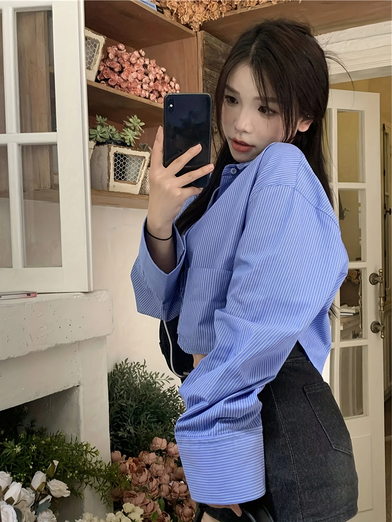 Striped Print Cropped Polo Shirt, Y2K Long Sleeve Pocket Shirt For Spring & Fall, Women's Clothing - Deanwangkt