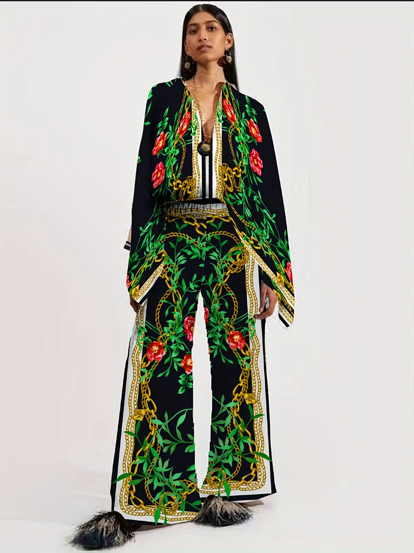 deanwangkt-1 Vacation Ethnic Print Two-piece Set, Long Sleeve Button Front Blouse & High Waist Wide Leg Pants Outfits, Women's Clothing - Deanwangkt