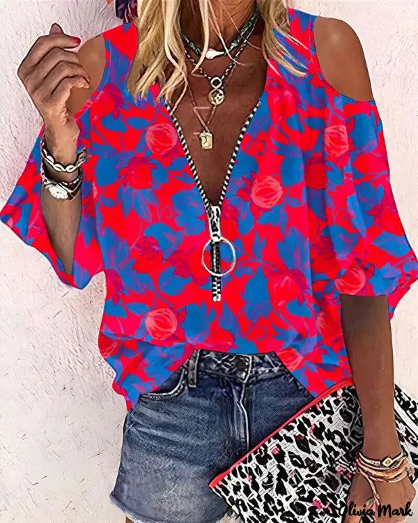 Deanwangkt - Floral Print Off Shoulder Zip Front Top - Deanwangkt