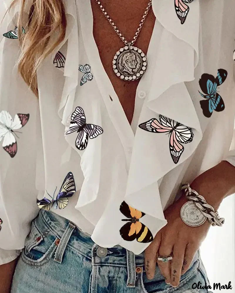 Deanwangkt - Ruffled Butterfly Print Long Sleeve Top - Deanwangkt